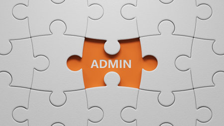Admin Word In The white puzzle pieces with missing pieces.close up of The white puzzle pieces with missing pieces,Business Concept.3D rendering on orange background.の写真素材