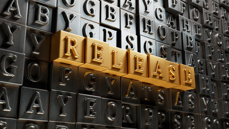 The word release written on Movable type printings. Business and finance concept.close up of Movable type printing,Business Concept.3D rendering on gold background.の写真素材