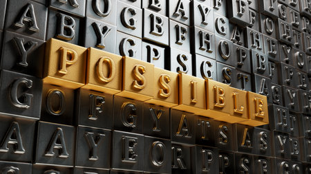 possible.Movable type printing spelling.Flat lay view from above on gold background with Movable type printing buttons.IT technology concept.3D rendering on gold background.の写真素材