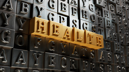 HEALTH - medical concept. Movable type printing.3D rendering on gold background.の写真素材