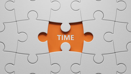 Time. The white puzzle pieces with missing pieces spelling. Flat lay view from above on the white puzzle pieces with missing pieces buttons. IT technology concept. 3D rendering on orange background.の写真素材