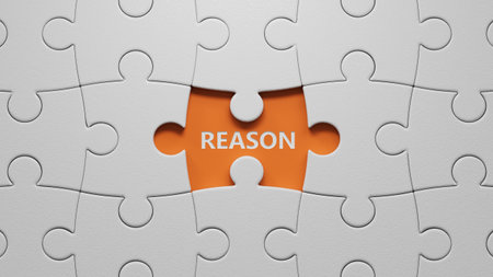 Reason symbol. Concept word Reason on The white puzzle pieces with missing pieces.Business and Reason concept. Copy space.close up of The white puzzle pieces with missing pieces,Business Concept.3D rendering on orange background.の写真素材