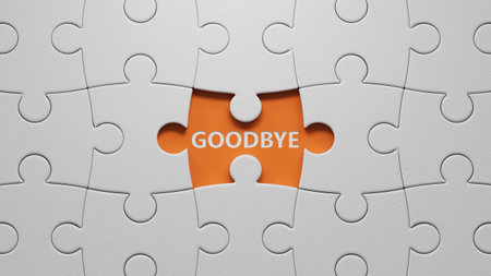 3D illustration of GOODBYE in English, using a bold font. It conveys a respectful and formal farewell.The white puzzle pieces with missing pieces.3D rendering on orange background.の写真素材