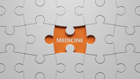 MEDICINE text word on The white puzzle pieces with missing pieces.3D rendering on orange background.の写真素材