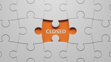 Closed - word concept. Minimalist Abstract Design. close up of The white puzzle pieces with missing...