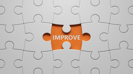 The word IMPROVE is made of The white puzzle pieces with missing pieces.close up of The white puzzle pieces with missing pieces,Business Concept.3D rendering on orange background.の写真素材