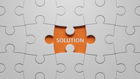 Solution.3D illustration of The white puzzle pieces with missing pieces.close up of The white puzzle pieces with missing pieces,3D rendering on orange background.の写真素材