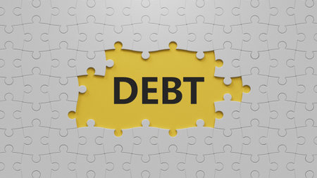 DEBT text on wooden blocks, financial business concept.3D rendering on yellow background.