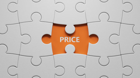Price symbol. The white puzzle pieces with missing pieces with word Price.Price concept. Copy space.close up of The white puzzle pieces with missing pieces,Business Concept.3D rendering on orange background.の写真素材