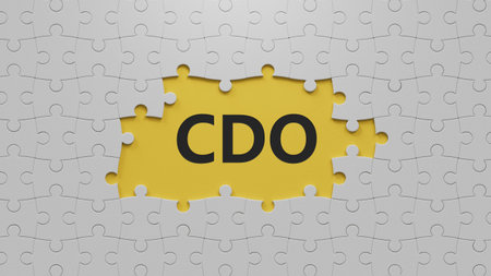 CDO word on The white puzzle pieces with missing pieces.close up of The white puzzle pieces with missing pieces,Business Concept.3D rendering on yellow background.の写真素材