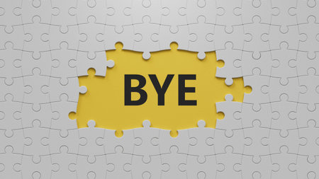 Bye - word concept. Minimalist Abstract Design. close up of The white puzzle pieces with missing pieces,Business Concept. 3D rendering on yellow background.の写真素材