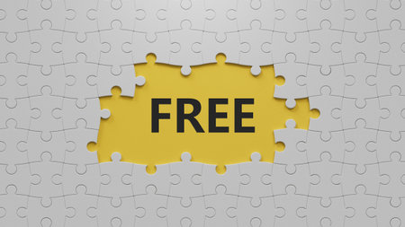 Free Time, word cube with white background.close up of The white puzzle pieces with missing pieces,Business Concept.3D rendering on yellow background.の写真素材