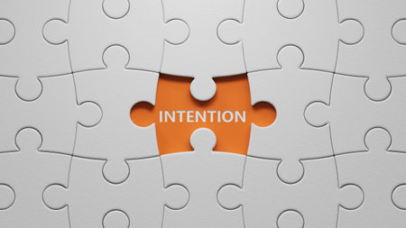 The white puzzle pieces with missing pieces with text INTENTION. financial market. financing.close up of The white puzzle pieces with missing pieces,Business Concept.3D rendering on orange background.の写真素材