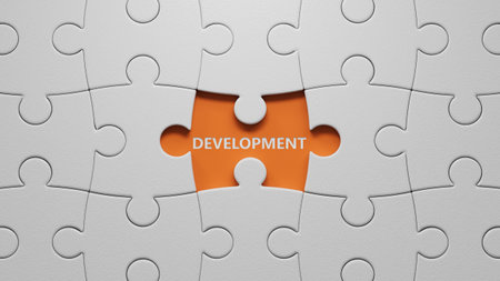 development.3D illustration of The white puzzle pieces with missing pieces.close up of The white puzzle pieces with missing pieces,3D rendering on orange background.の写真素材
