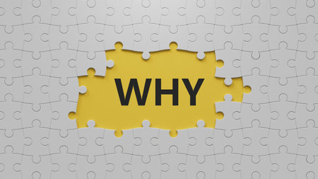 Why Closeup of word with question mark on The white puzzle pieces with missing pieces. Reason why business or relationship concept.3D rendering on yellow background.の写真素材
