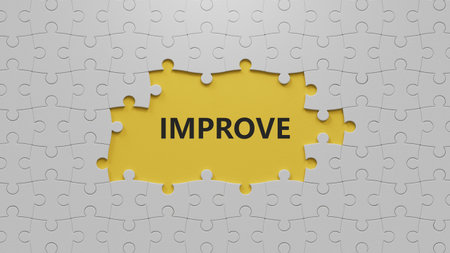 The word IMPROVE is made of The white puzzle pieces with missing pieces.close up of The white puzzle pieces with missing pieces,Business Concept.3D rendering on yellow background.の写真素材
