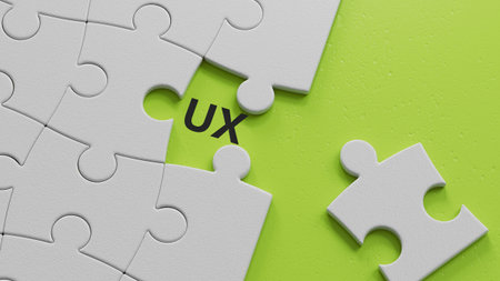 word ux with The white puzzle pieces with missing pieces.close up of The white puzzle pieces with missing pieces,Business Concept.3D rendering on green background.の写真素材