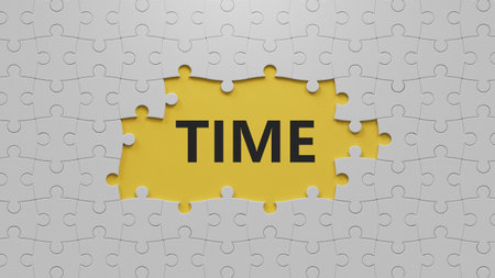 Time. Flat lay view from above on the white puzzle pieces with missing pieces buttons. IT technology...