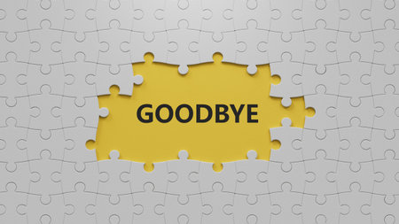 3D illustration of GOODBYE in English, using a bold font. It conveys a respectful and formal farewell.The white puzzle pieces with missing pieces.3D rendering on yellow background.の写真素材