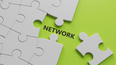 Network - word concept. Minimalist Abstract Design With close up of The white puzzle pieces with...