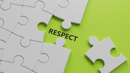 respect concept on The white puzzle pieces with missing pieces.close up of The white puzzle pieces with missing pieces,Business Concept.3D rendering on green background.の写真素材