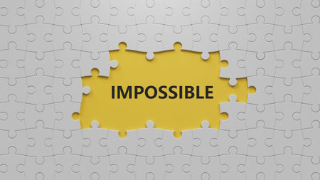 The white puzzle pieces with missing pieces spelling.Flat lay view from above on yellow background...