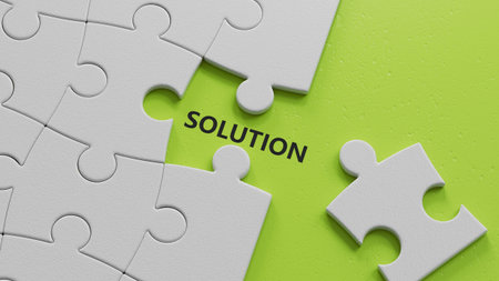 Solution.3D illustration of The white puzzle pieces with missing pieces.close up of The white puzzle pieces with missing pieces,3D rendering on green background.の写真素材