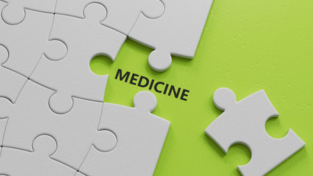 MEDICINE text word on The white puzzle pieces with missing pieces.3D rendering on green background.