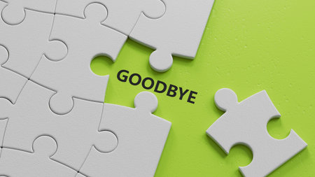 3D illustration of GOODBYE in English, using a bold font. It conveys a respectful and formal farewell.The white puzzle pieces with missing pieces.3D rendering on green background.の写真素材