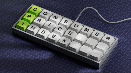 CPI - Consumer Price Index symbol. Concept word CPI on Computer keyboard keys.Business and CPI concept. Copy space.3D rendering on blue background.の写真素材