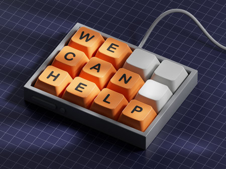 We can help symbol. Computer keyboard keys with words We can help. Business and We can help concept. Computer keyboard keys. Copy space.3D rendering on blue background.の写真素材
