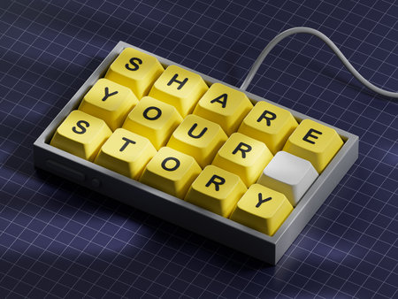 Share your story symbol. Computer keyboard keys with words Share your story.Business and Share your...