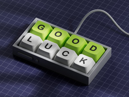Good luck symbol. Computer keyboard keys with words Good luck. Business and Good luck concept. Copy space.3D rendering on blue background.の写真素材