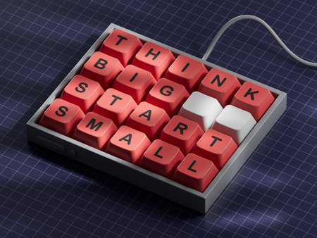 Think big start small symbol. Concept words Think big start small on Computer keyboard keys.Business...