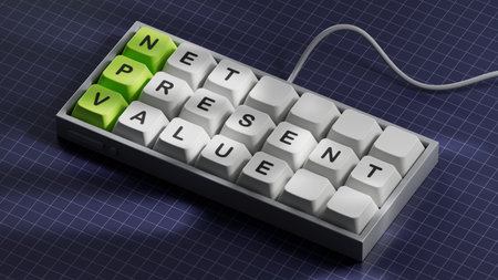 Net present value. NPV the word on Computer keyboard keys, cubes stand on a reflective surface....