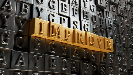 The word IMPROVE is made of Movable type printing.close up of Movable type printing,Business Concept.3D rendering on gold background.の写真素材