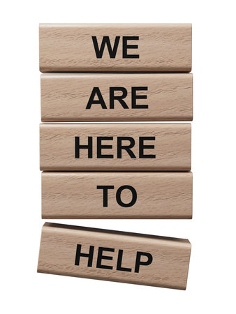 We are here to help symbol. Concept words we are here to help on wooden blocks.Business and we are...
