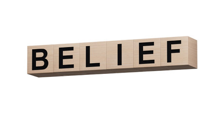 Belief symbol. Concept word Belief on wooden cubes.Business and Belief concept. Copy space.Business...