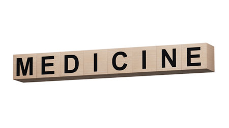 MEDICINE text word on wooden cubes.Supports PNG files with transparent backgrounds.の写真素材