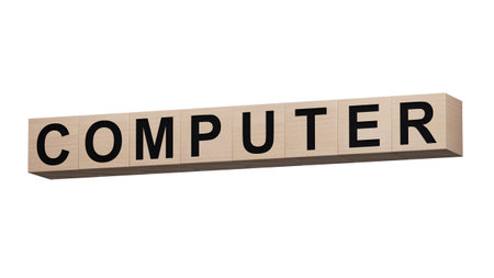 computer.wooden cubes spelling.Flat lay view from above on wooden cubes buttons.IT technology...