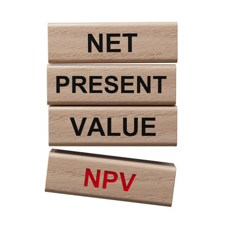 Net present value. NPV the word on wooden blocks, cubes stand on a reflective surface. Business and finance concept.Supports PNG files with transparent backgrounds.の写真素材