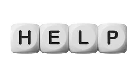 help.wooden dice spelling.Flat lay view from above on wooden dice buttons.IT technology...