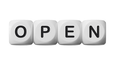 Open.wooden dice spelling.Flat lay view from above on black background with wooden dice buttons.IT...