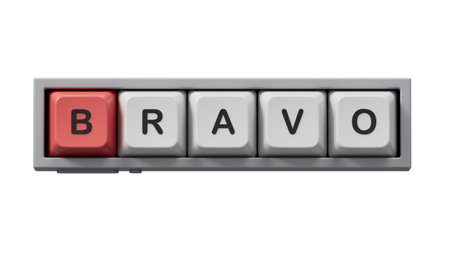 The word bravo appearing Computer keyboard keys. Education concept.close up of Computer keyboard keys,Business Concept.Supports PNG files with transparent backgrounds.の写真素材