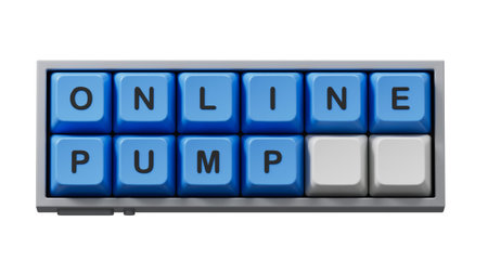 Online Pump words on brown diary. Computer keyboard keys. Copy space.Supports PNG files with...