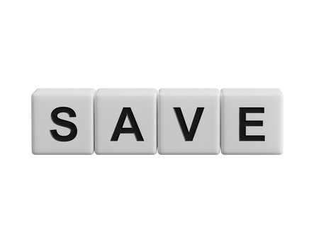 Symbol for saving or spending money. Dice form the word "save" while the word "spend" is visible in the reflection. Supports PNG files with transparent backgrounds.の写真素材