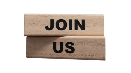 Join us word on wooden blocks on wood table. Copy space.Supports PNG files with transparent...
