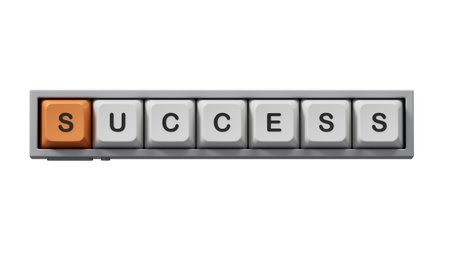 success.Computer keyboard keys spelling.Flat lay view from above on white background with computer...