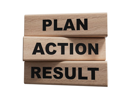 Plan Action Result symbol. Concept words Plan Action Result on wooden blocks. Business concept and Plan Action Result. Copy space. Supports PNG files with transparent backgrounds.の写真素材