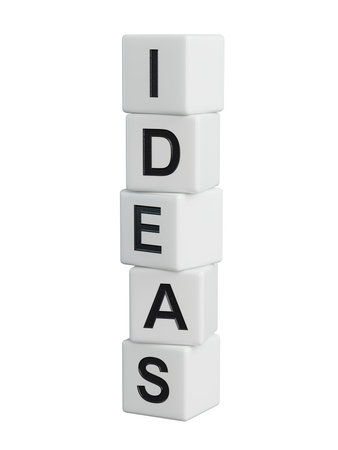 Ideas.wooden elements spelling.Flat lay view from above on wooden elements buttons.IT technology...